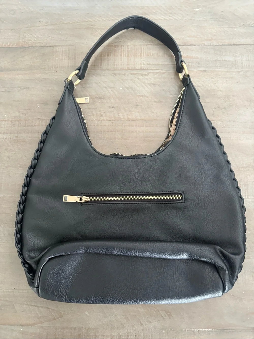 Moda Luxe Black Woven Whipstitch Hobo Shoulder Bag Gold Tone